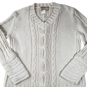 Vintage Norm Thompson Cream Cable Knit V Neck Sweater XL Nautical Grannycore‎